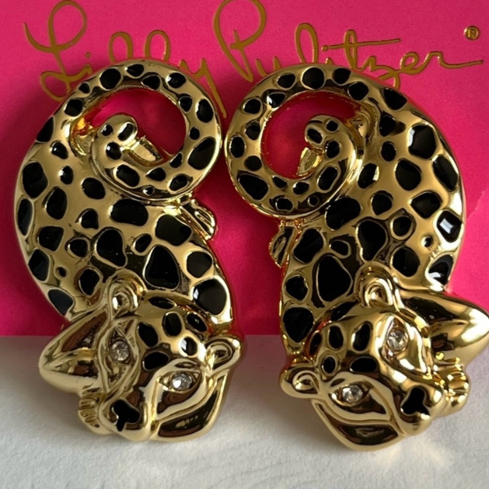 Lilly Pulitzer Gold Tone Leopard Earrings with Rhinestone Accents Jaguar NWT